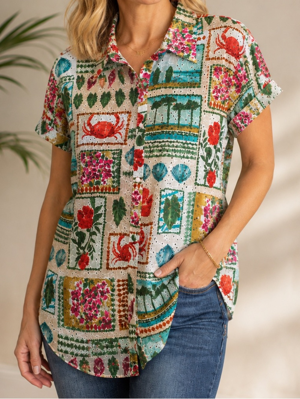 True Destinations 100% Cotton Eyelet Tunic Blouse Small Coastal Floral Print